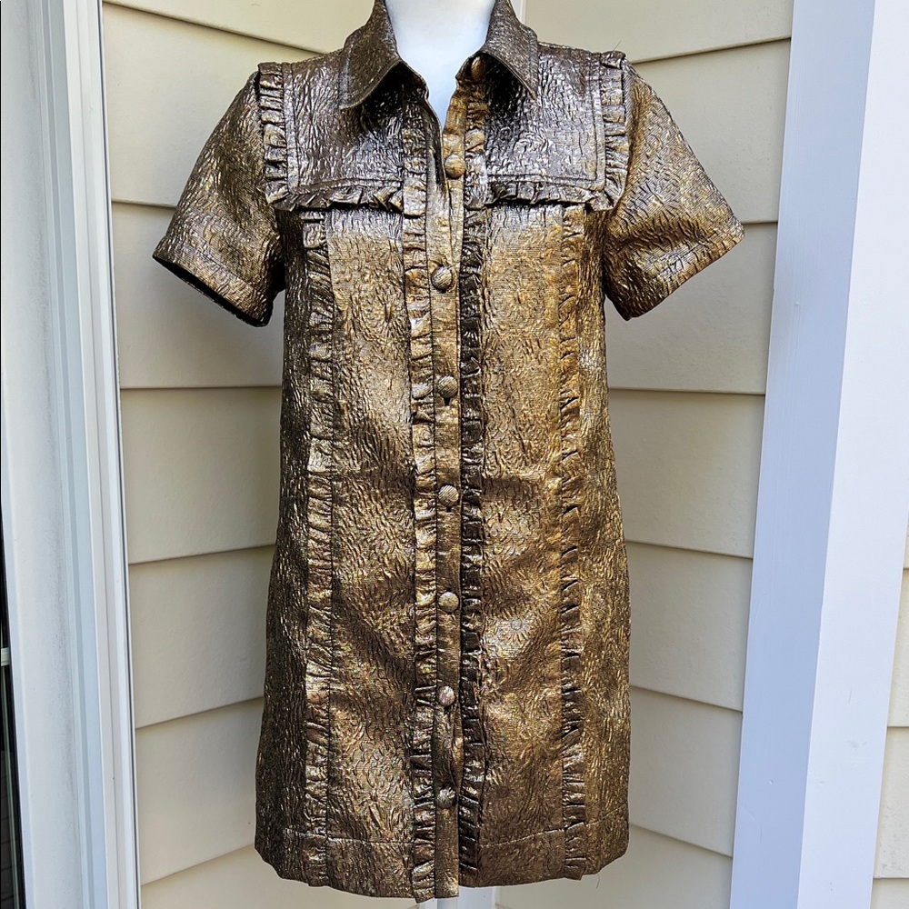 Anthropologie Metallic Gold Textured Button-Front Mini Dress